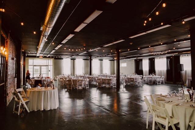 Tables set up for a wedding at The Venues in Downtown Toledo.