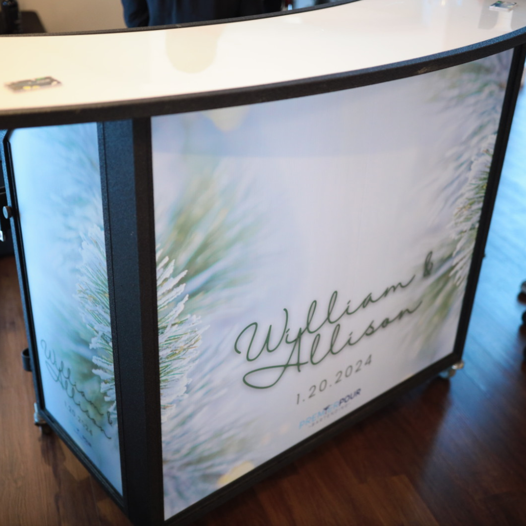 Custom printed Premier Pour Bartending bar panels for a wedding at Birchwood Meadow in Swanton