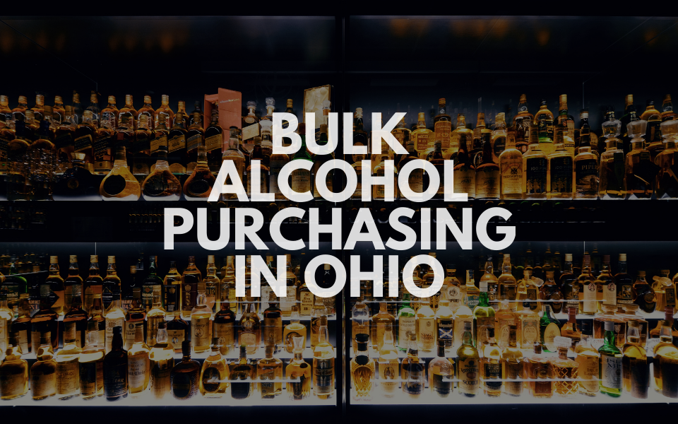Dark backbar liquor display with Bulk Alcohol Purchasing in Ohio overlay text