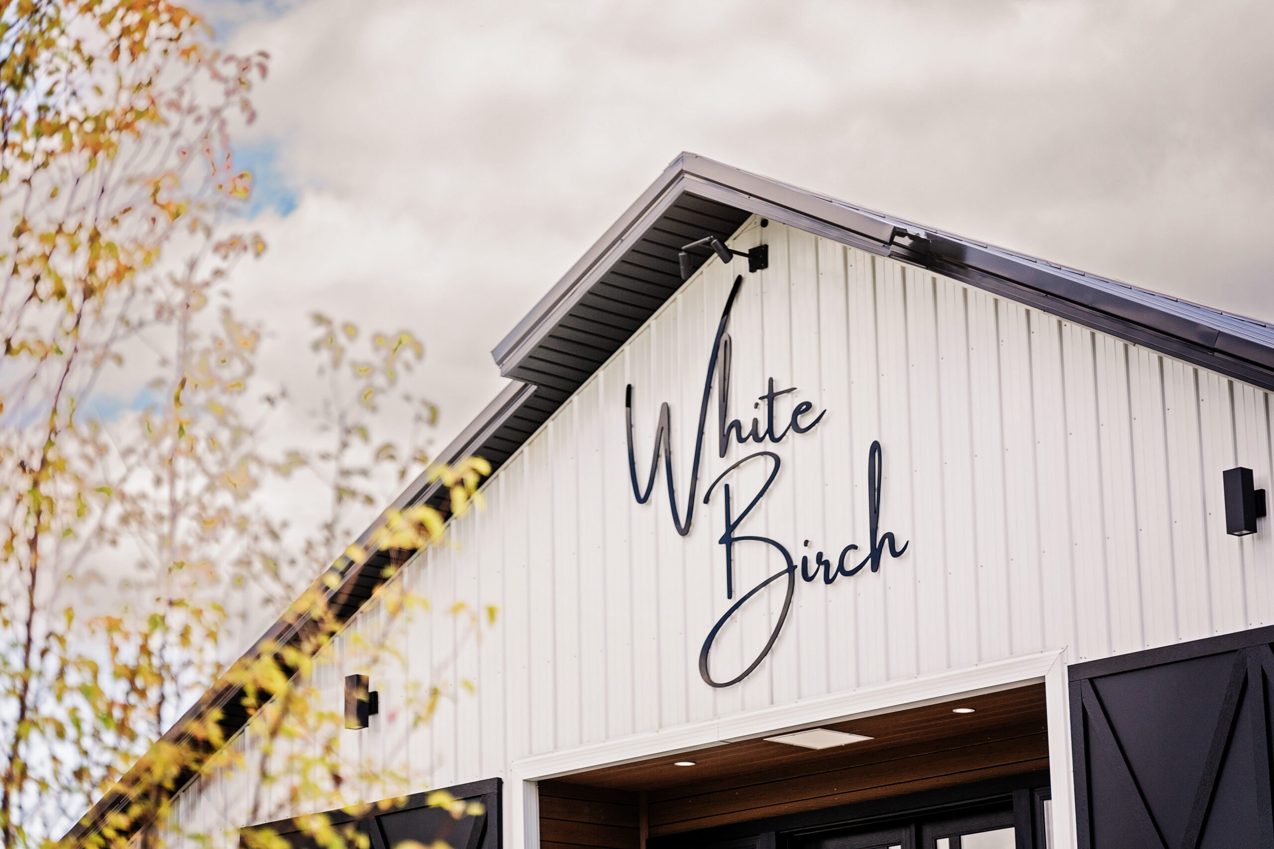 Modern writing of the logo for White Birch Wedding Barn in the Irish Hills area located in Cement City, Michigan